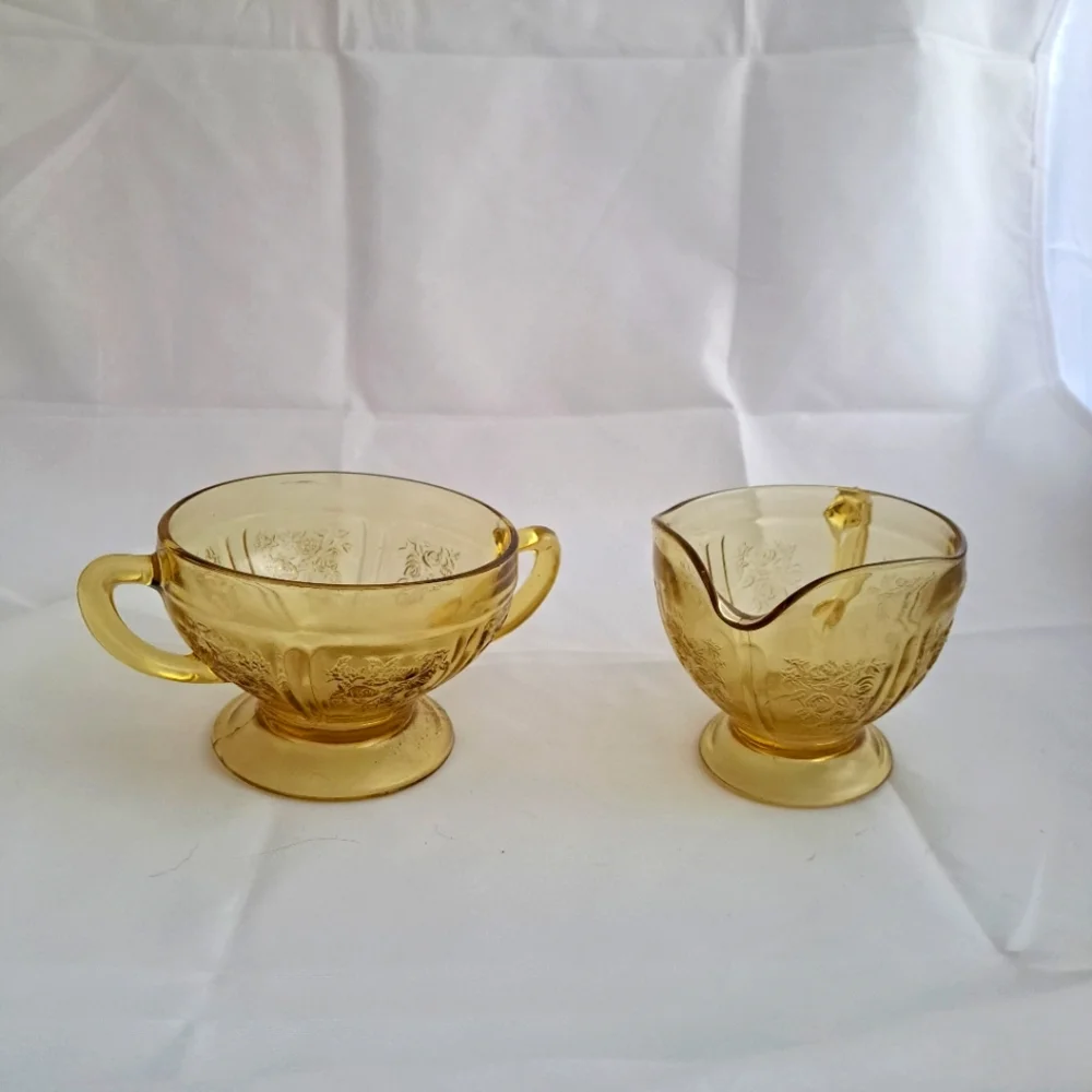 Vintage Federal Glass Sharon Cabbage Rose Creamer and Sugar Set